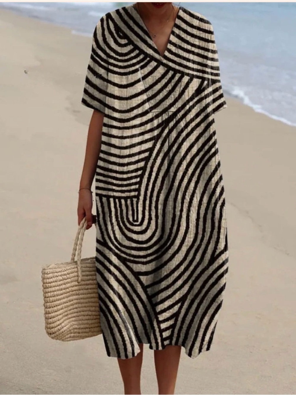 Relaxed V-Neck Midi Dress in Black and Cream Stripe